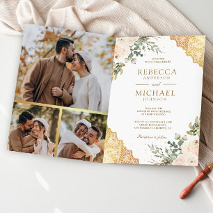 Soft Cream Roses Gold Lace QR Code Wedding Invitation