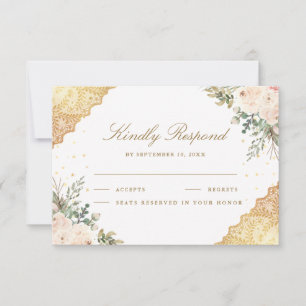 Soft Cream Roses Gold Lace Wedding RSVP Card