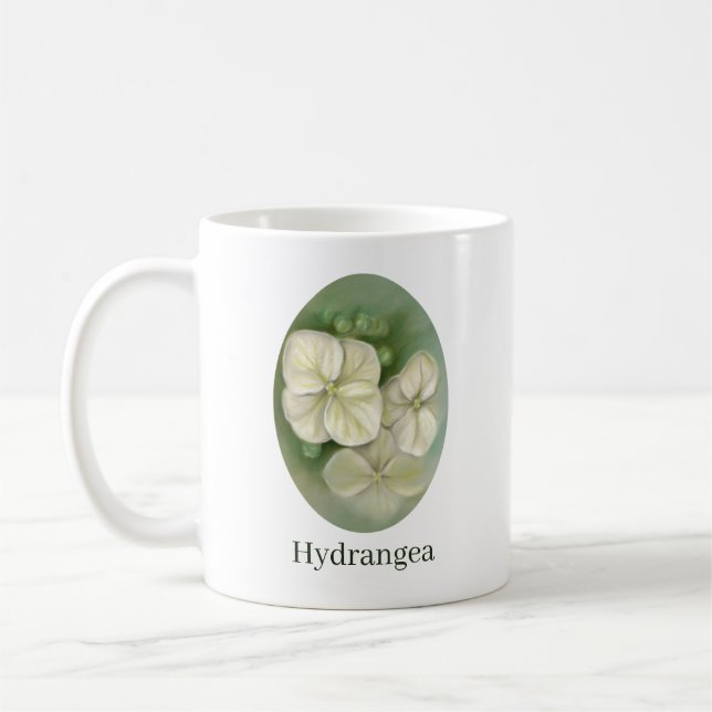 Soft Cream White Pastel Hydrangea Floral Coffee Mug (Left)