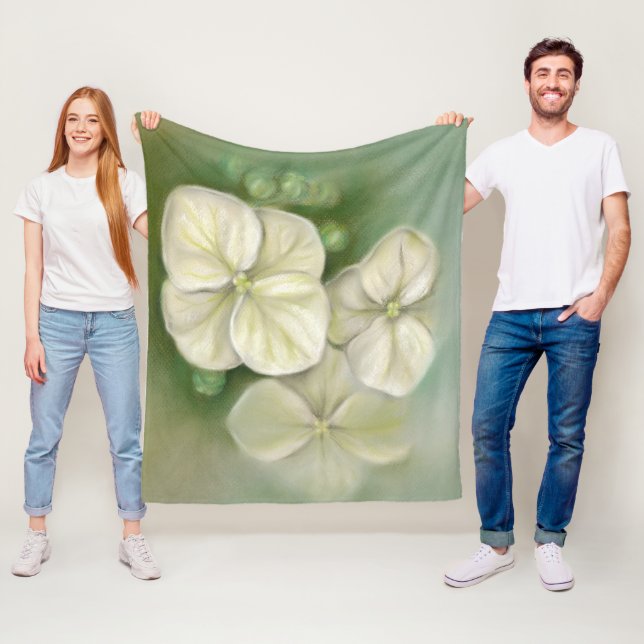 Soft Cream White Pastel Hydrangea Floral Fleece Blanket (In Situ)
