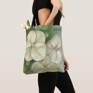 Soft Cream White Pastel Hydrangea Floral Monogram Tote Bag