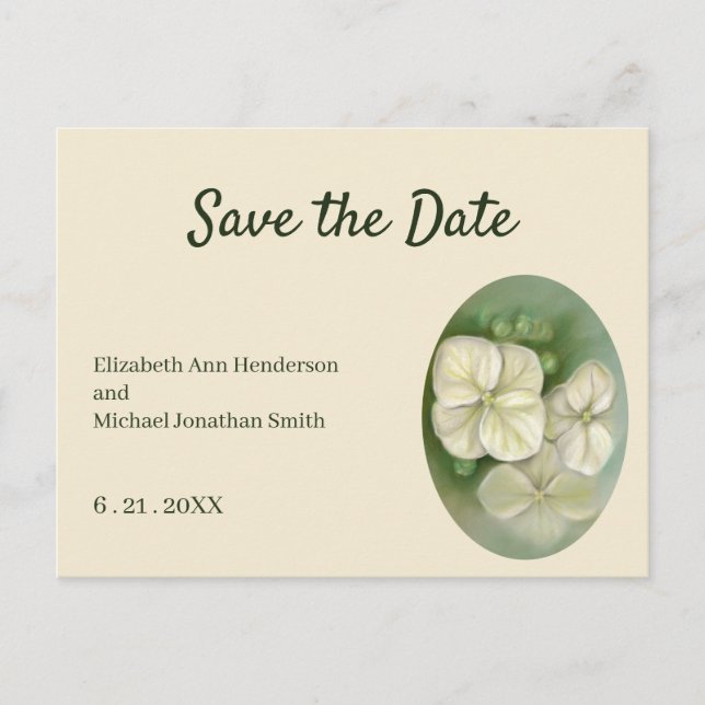 Soft Cream White Pastel Hydrangea Floral Save Date Announcement Postcard (Front)