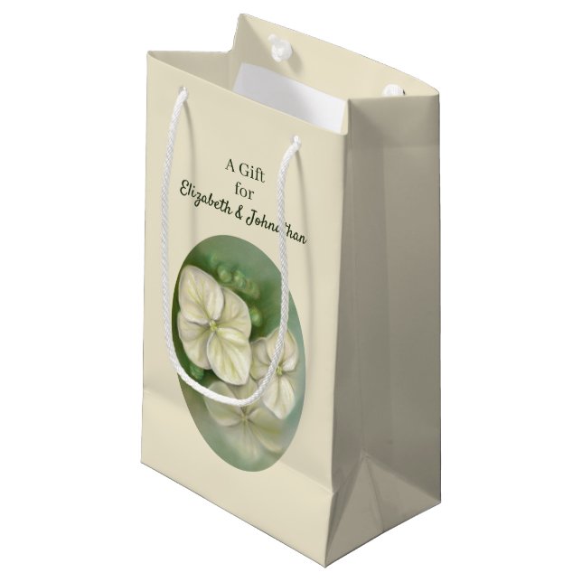 Soft Cream White Pastel Hydrangea Floral Small Gift Bag (Front Angled)