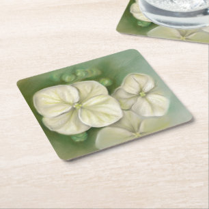 Soft Cream White Pastel Hydrangea Floral Square Paper Coaster