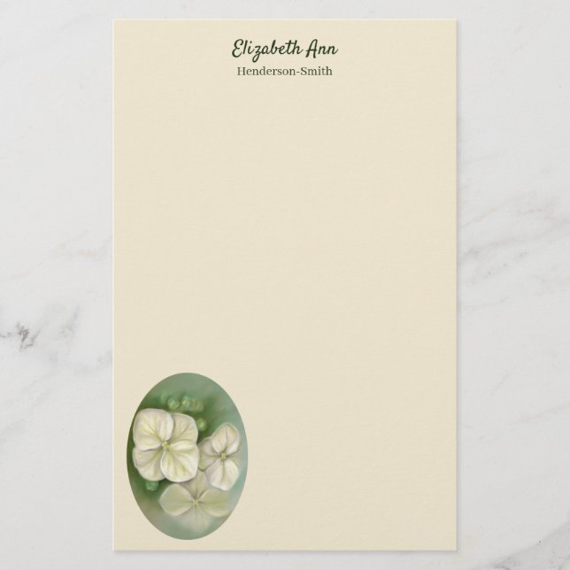 Soft Cream White Pastel Hydrangea Floral Stationery (Front)