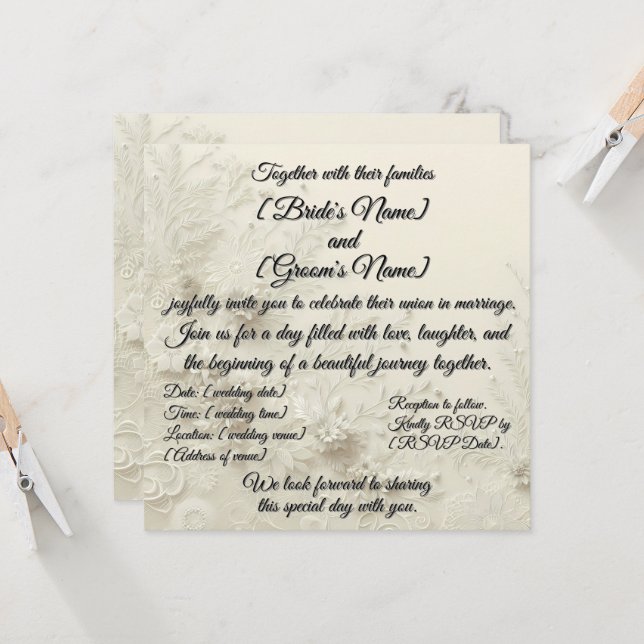 Soft creamy lace design & flora wedding invitation (Front/Back In Situ)