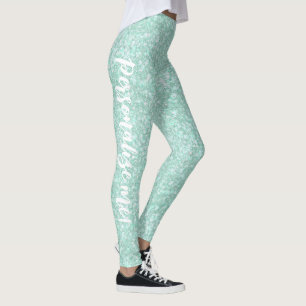 Soft Crystaline Aqua Blue Glitter CUSTOM TEXT Leggings