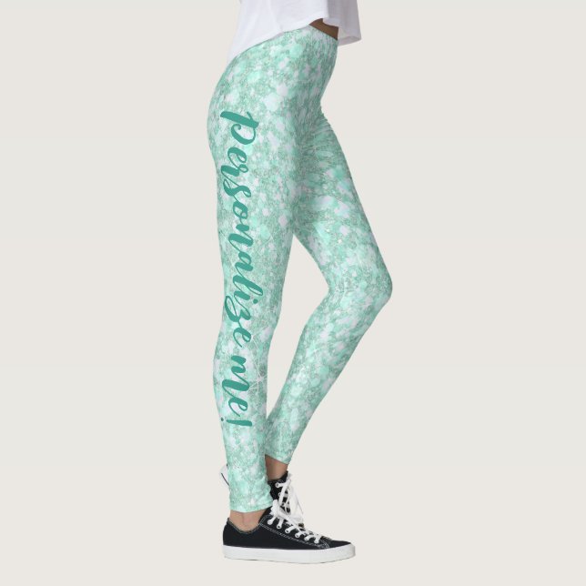 Soft Crystalline Aqua Blue Glitter CUSTOM TEXT Leggings (Right)