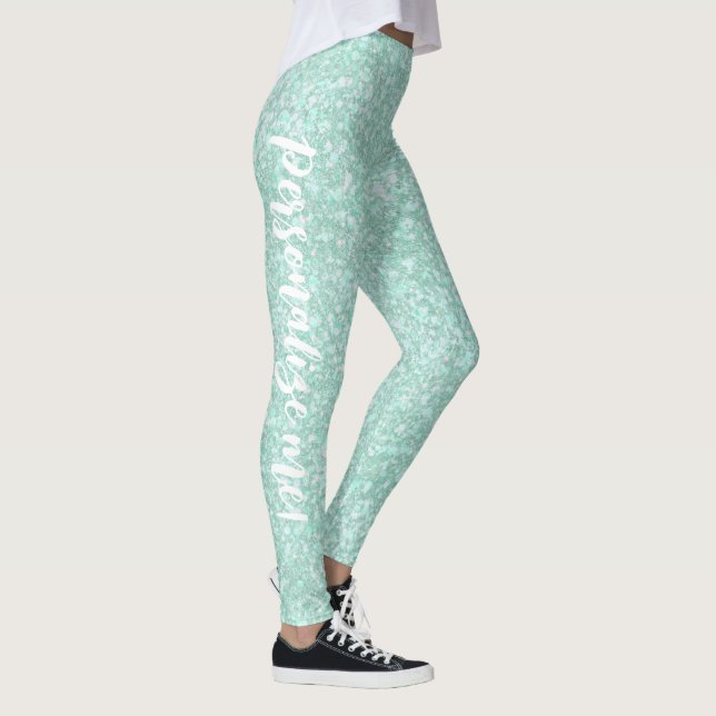 Soft Crystalline Aqua Blue Glitter CUSTOM TEXT Leggings (Right)