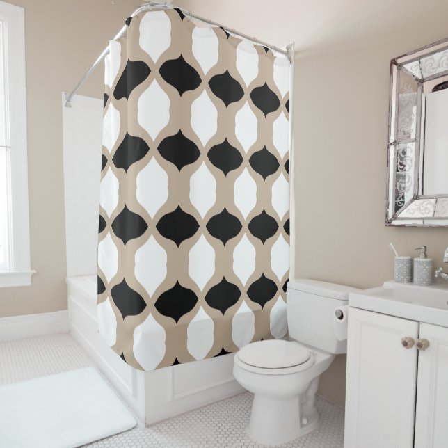 Soft Curves Pattern - Taupe, Black and White Shower Curtain (In Situ)