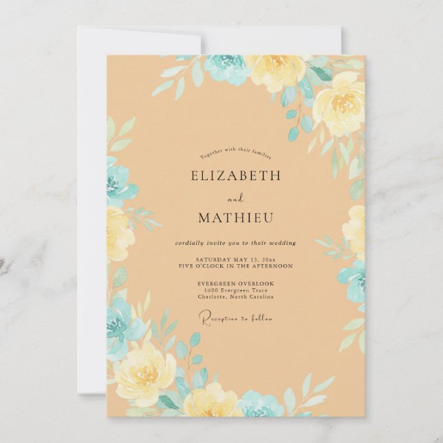 Soft Cyan Yellow Peony Wedding Invitation (Front)