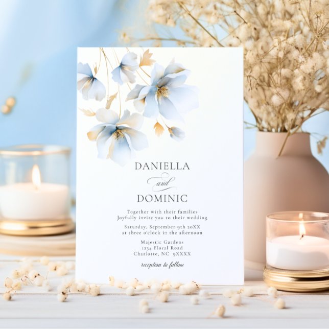 Soft Delicate Dusty Blue Gold Wildflowers Wedding Invitation (Soft Delicate Dusty Blue Gold Wildflowers Wedding Invitation)