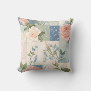 Soft Delicate Floral Pink And Blue Patchwork Cushion