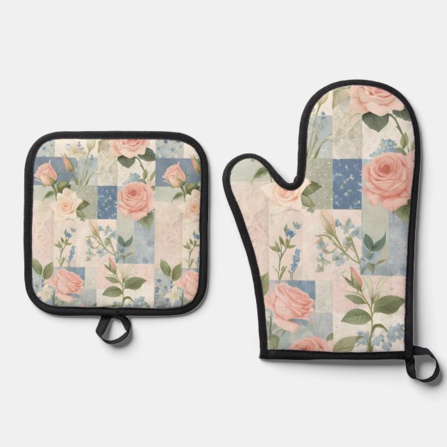 Soft Delicate Floral Pink And Blue Patchwork Oven Mitt & Pot Holder Set (Front)