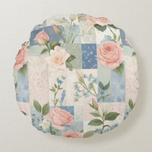 Soft Delicate Floral Pink And Blue Patchwork Round Cushion