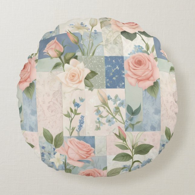 Soft Delicate Floral Pink And Blue Patchwork Round Cushion (Front)