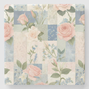 Soft Delicate Floral Pink And Blue Patchwork Stone Coaster