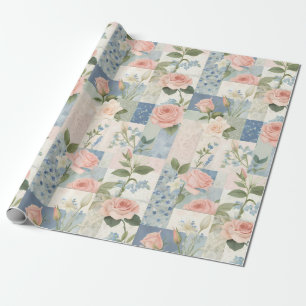 Soft Delicate Floral Pink And Blue Patchwork Wrapping Paper