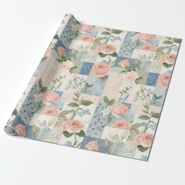 Soft Delicate Floral Pink And Blue Patchwork Wrapping Paper (Unrolled)