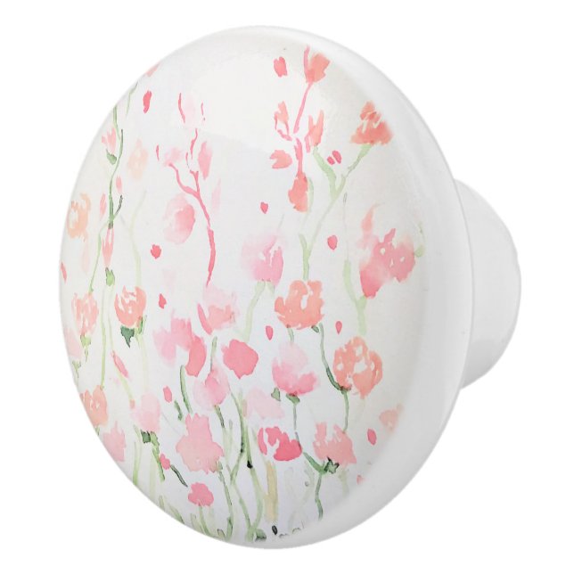 Soft Delicate Pink and Green Watercolor Flowers Ceramic Knob (Right)