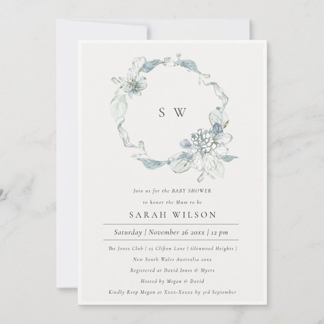 Soft Dusky Blue Floral Wreath Baby Shower Invite  (Front)