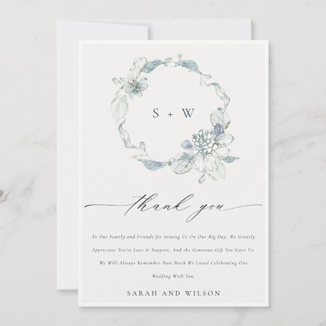 Soft Dusky Blue Floral Wreath Monogram Wedding Thank You Card (Front)
