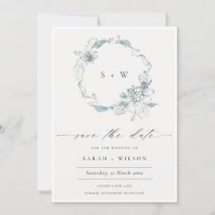 Soft Dusky Blue Floral Wreath Save The Date Card