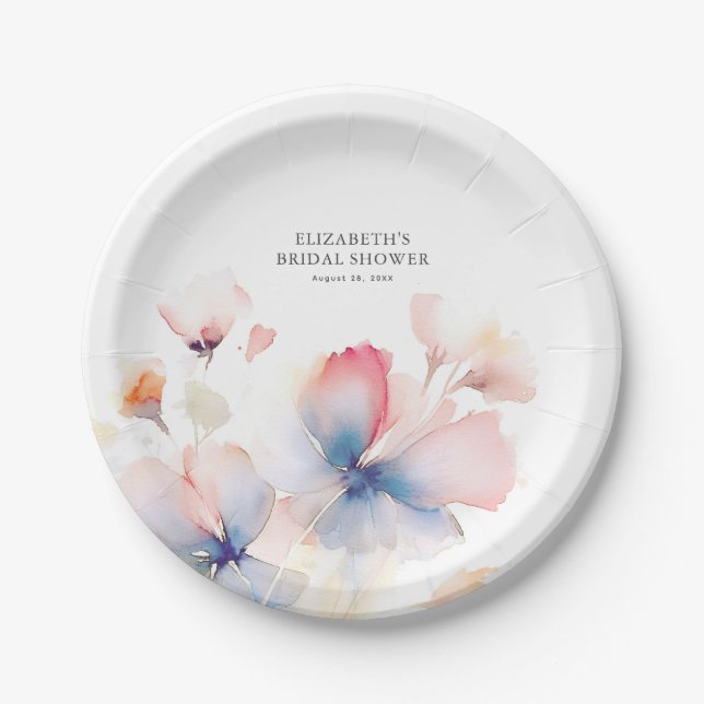 Soft Dusty Blue and Pink Flowers Elegant Paper Plate (Front)