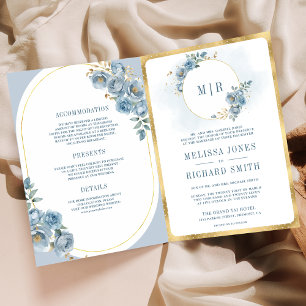 Soft Dusty Blue Floral Gold All in One Wedding Invitation