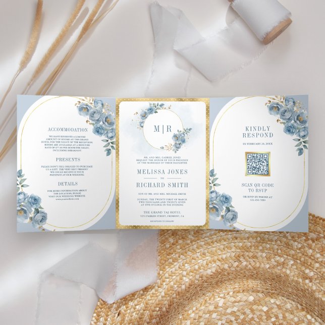 Soft Dusty Blue Floral Gold All in One Wedding Tri-Fold Invitation (Creator Uploaded)