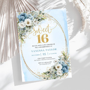 Soft Dusty Blue Floral Gold Sweet Sixteen Invite
