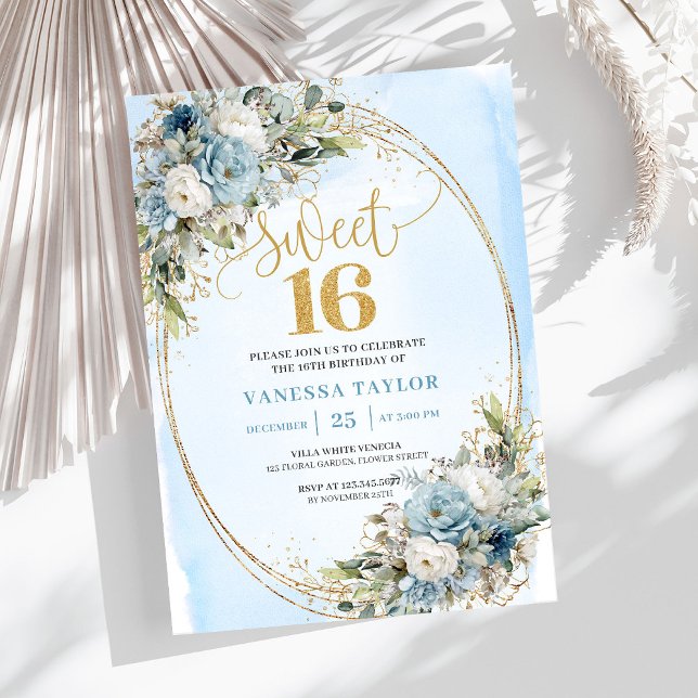 Soft Dusty Blue Floral Gold Sweet Sixteen Invite (Soft Dusty Blue Floral Gold Sweet Sixteen Invitation)
