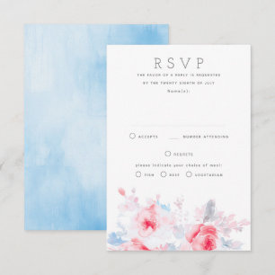 Soft Dusty Blue Pink Flowers RSVP Card for Wedding
