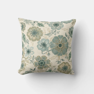 Soft Dusty Blue Sage Green Beige Farmhouse Floral Cushion