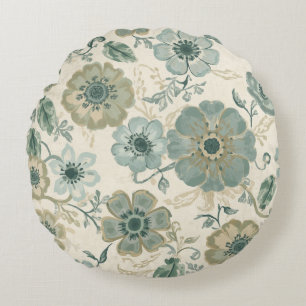 Soft Dusty Blue Sage Green Beige Farmhouse Floral Round Cushion