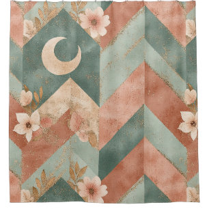 Soft Earth Toned Floral Chevron with Moons Shower Curtain