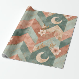 Soft Earth Toned Floral Chevron with Moons Wrapping Paper