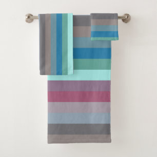 Soft Eclectic Muted Pastel & Jewel Stripe Pattern Bath Towel Set