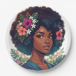 Soft Elegance Black Woman W/ Flower Crown Afro Paper Plate