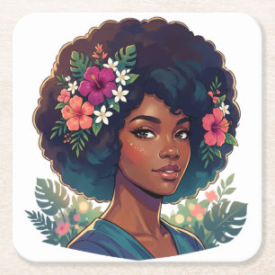 Soft Elegance Black Woman W/ Flower Crown Afro Square Paper Coaster