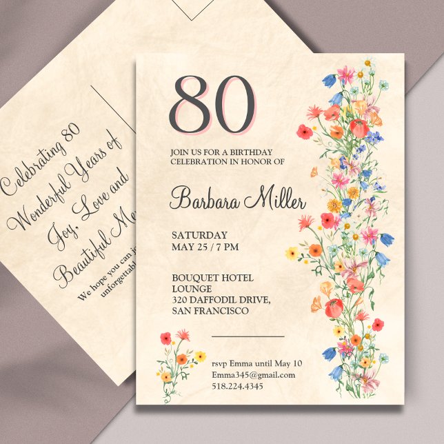 Soft Elegant 80th Birthday Party Floral 80 Years Invitation Postcard (Creator Uploaded)