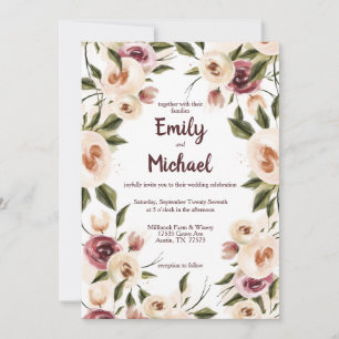 Soft Elegant Roses Burgundy Cream Frame Wedding Invitation