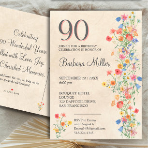 Soft Floral 90th Birthday Party Wildflower Design Invitation Postcard
