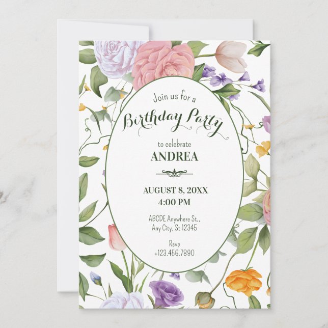 Soft floral birthday  invitation (Front)