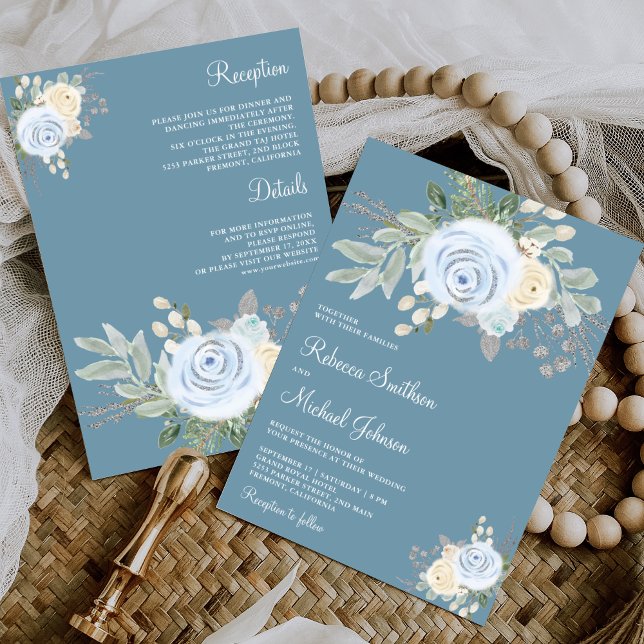Soft Floral Bouquet Dusty Blue All in One Wedding Invitation (Creator Uploaded)