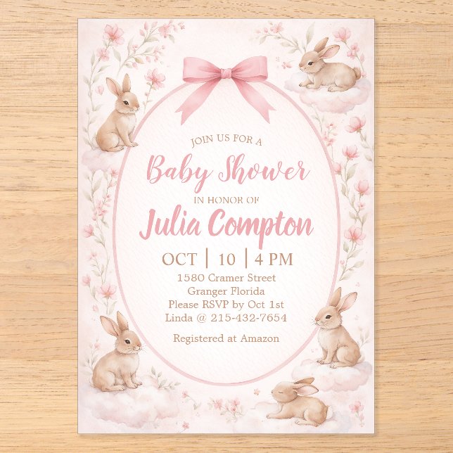 Soft Floral Bunny Baby Shower Invitation  (Front)