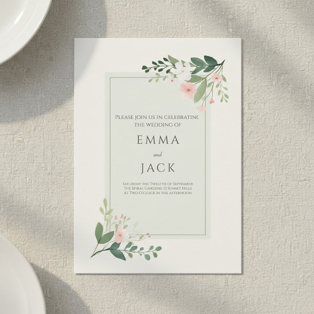 Soft Floral Corners Green Beige Elegant wedding Invitation (Soft Floral Corners Green Beige Elegant wedding Invitation.)