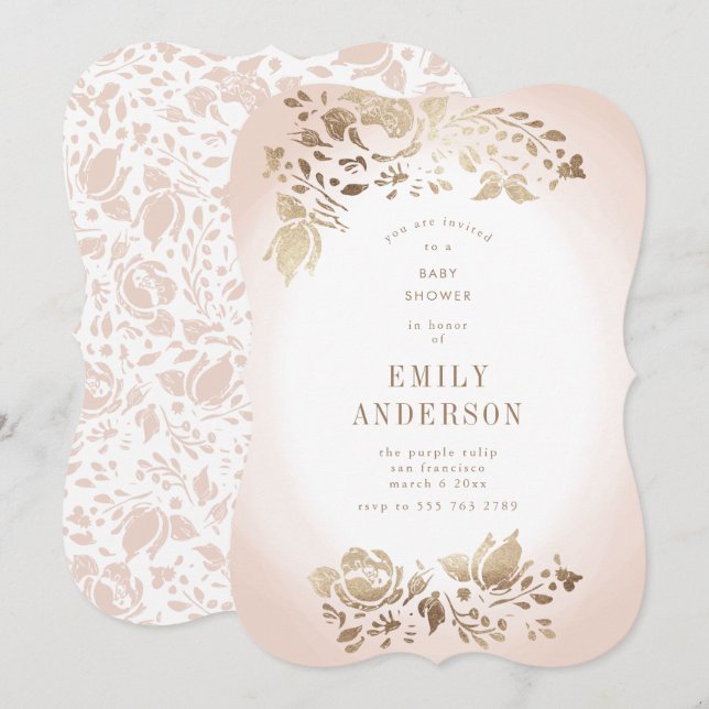 Soft Floral Foil Musk Pink Baby Shower Invitation (Front/Back)