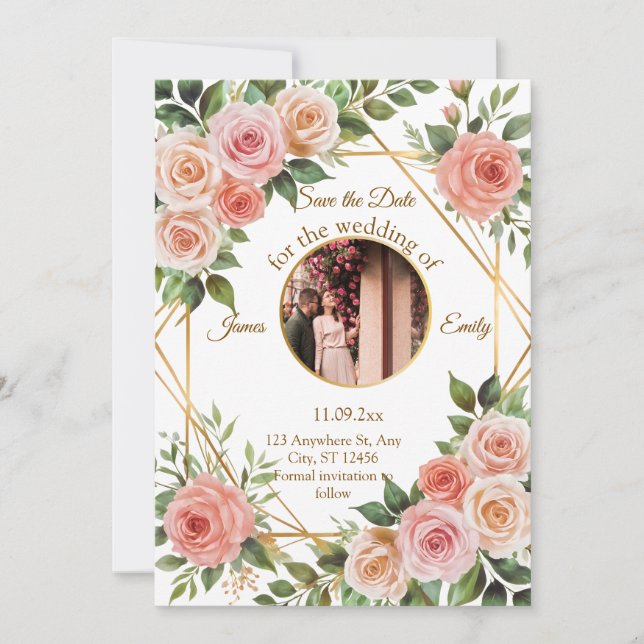 Soft Floral Geometric Frame Wedding Save the Date (Front)