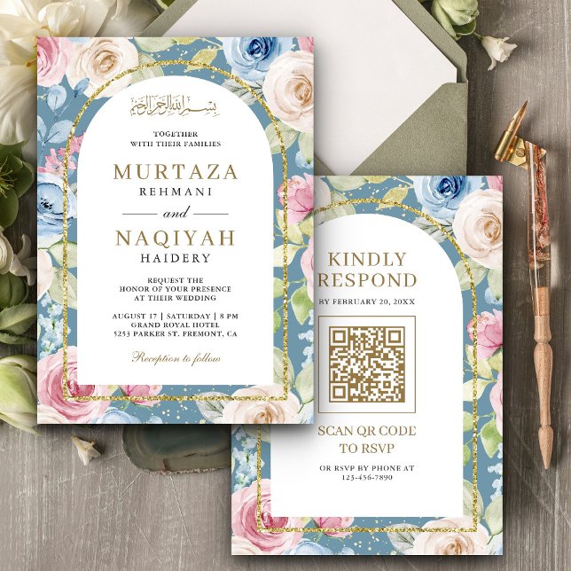 Soft Floral Gold Arch QR Code Blue Muslim Wedding Invitation (Creator Uploaded)